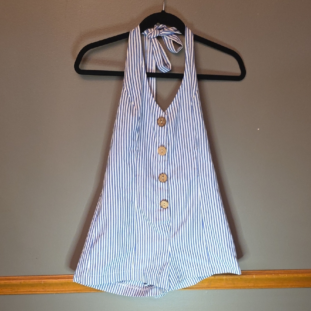 Emory Park Striped Halter Romper in Blue and White